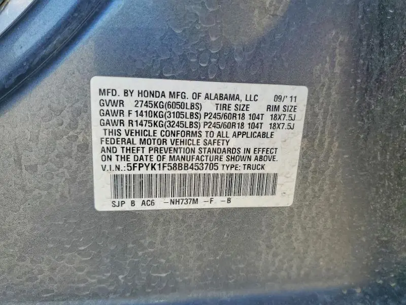 2011 HONDA RIDGELINE RTL  