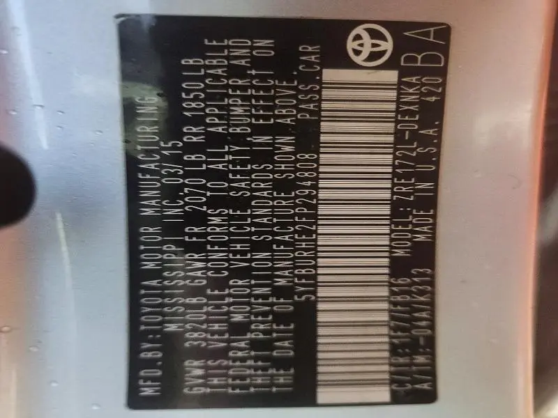 2015 TOYOTA COROLLA L  