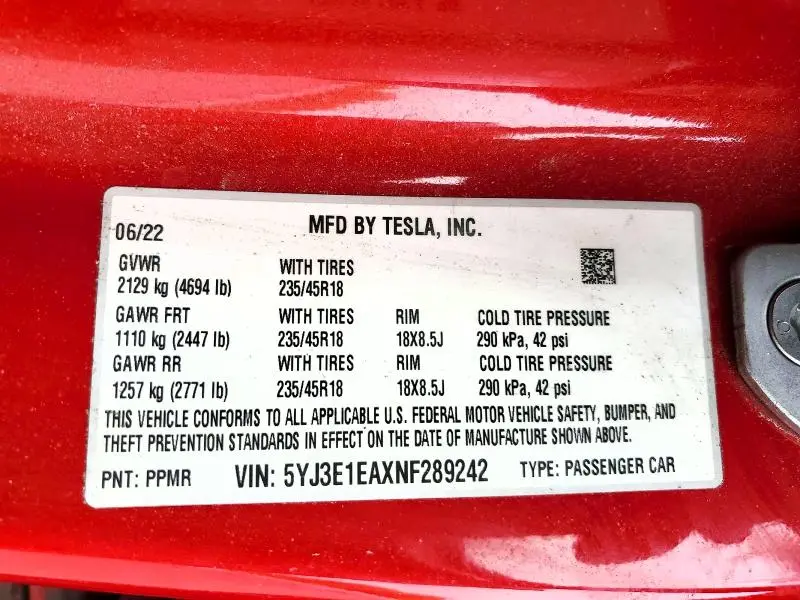 2022 TESLA MODEL 3   
