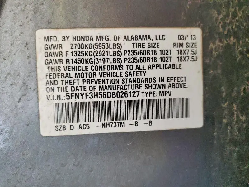 2013 HONDA PILOT EXL  