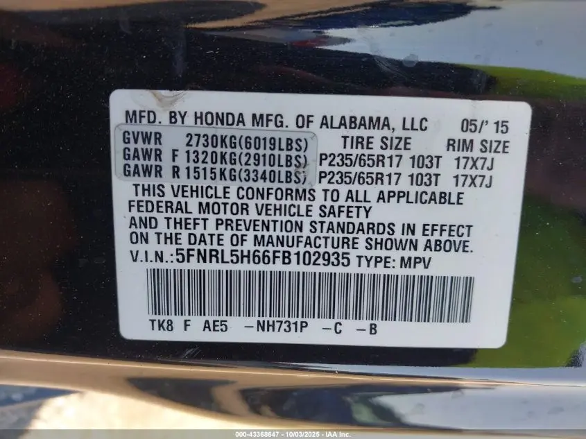 2015 HONDA ODYSSEY EX-L