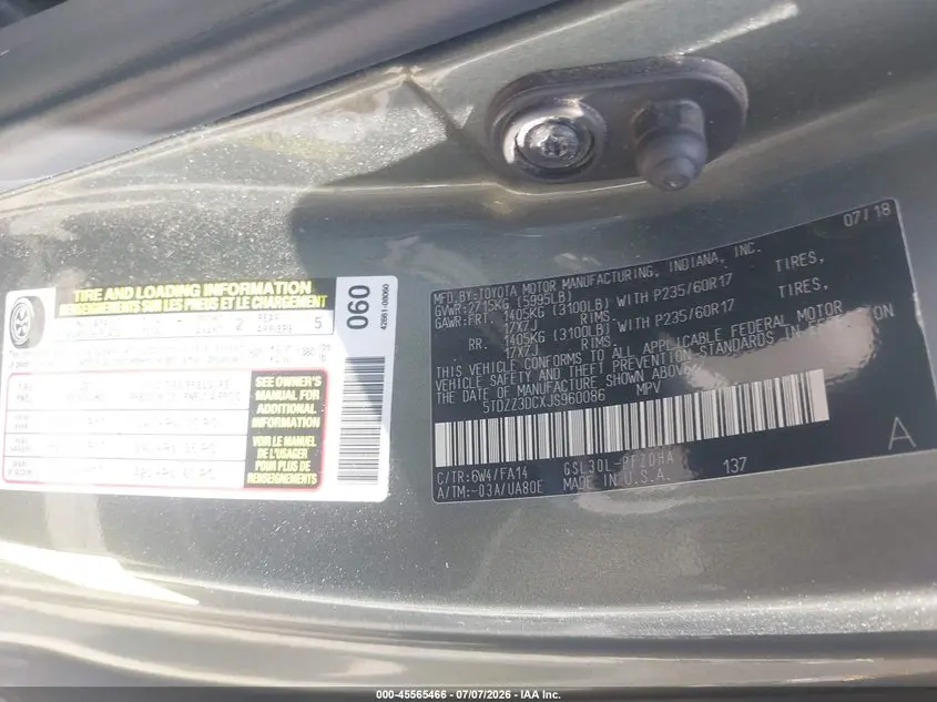 2018 TOYOTA SIENNA L 7 PASSENGER