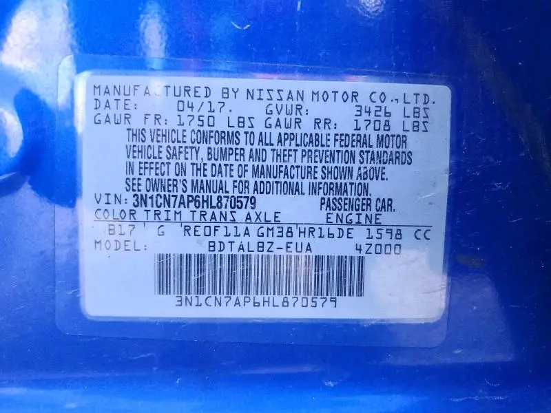 2017 NISSAN VERSA 1.6 SV  