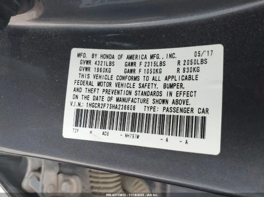 2017 HONDA ACCORD EX