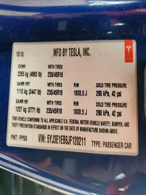 2018 TESLA MODEL 3   