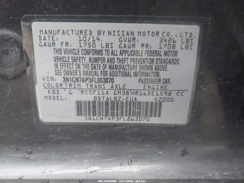 2015 NISSAN VERSA 1.6 SV