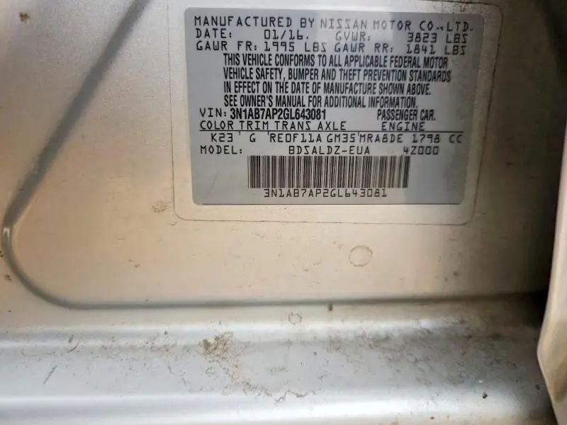 2016 NISSAN SENTRA S  