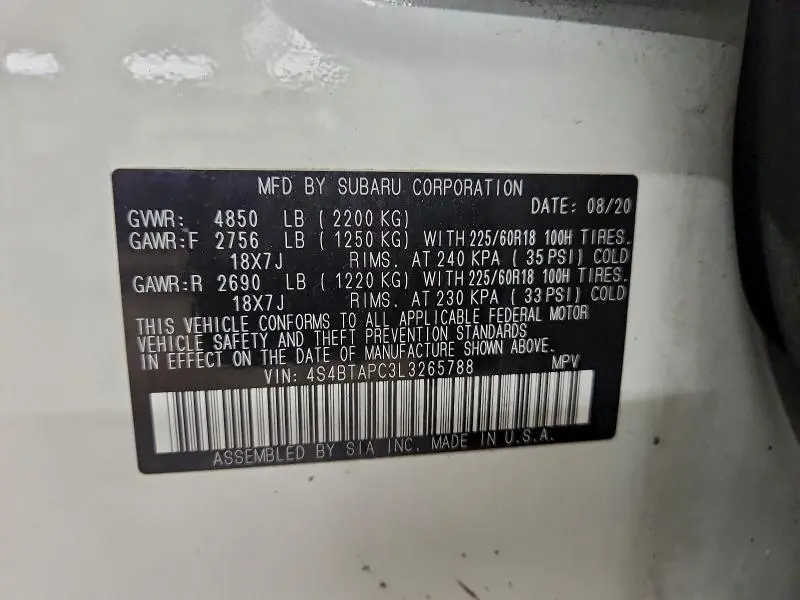 2020 SUBARU OUTBACK TOURING  