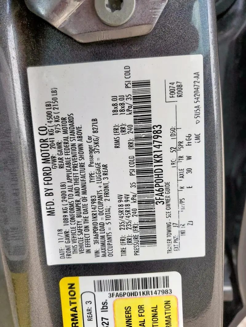 2019 FORD FUSION SE  