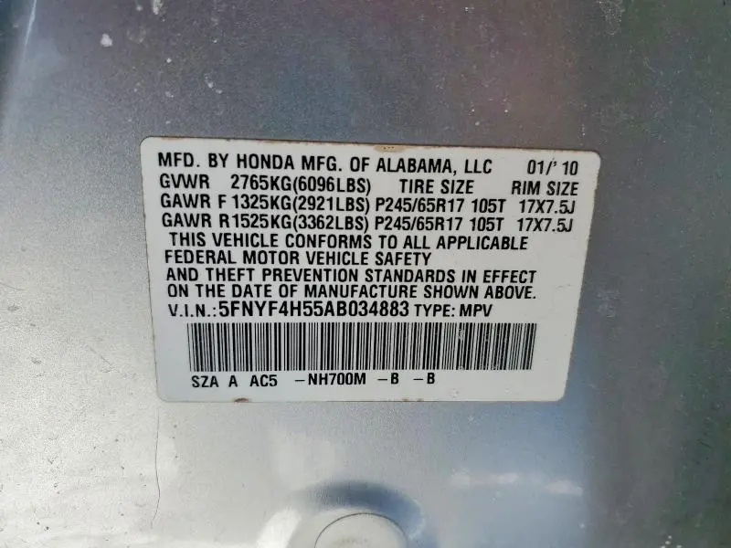 2010 HONDA PILOT EXL  