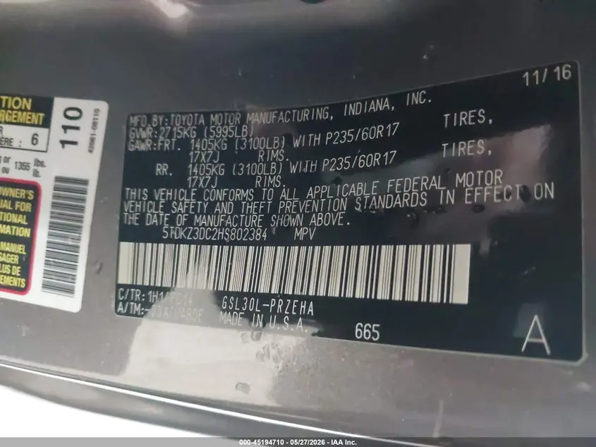 2017 TOYOTA SIENNA LE 8 PASSENGER