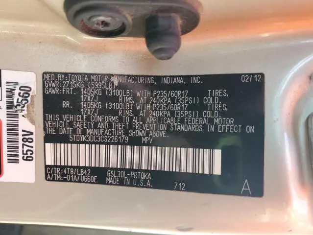 2012 TOYOTA SIENNA XLE  