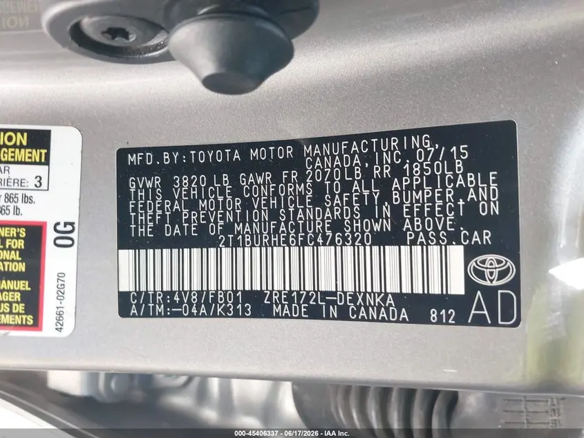 2015 TOYOTA COROLLA LE