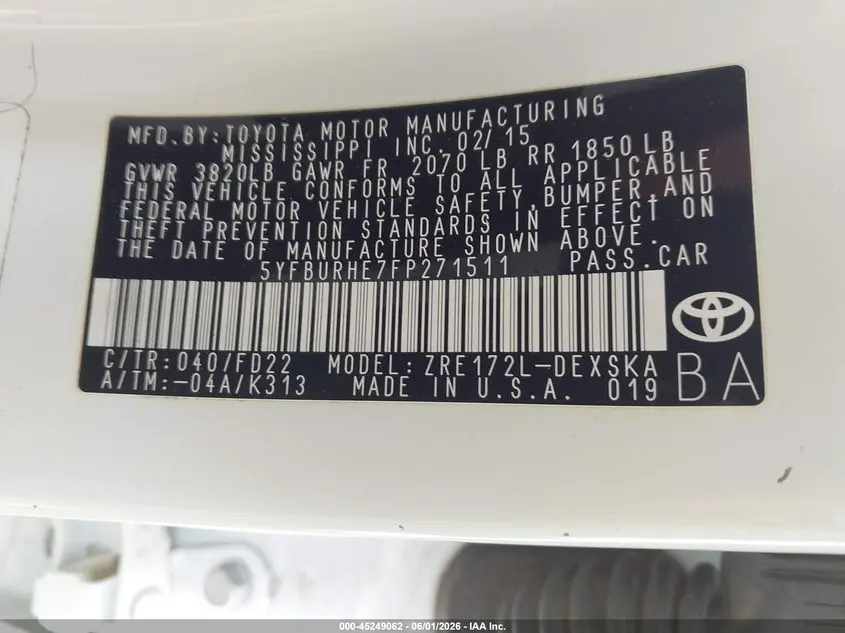 2015 TOYOTA COROLLA S
