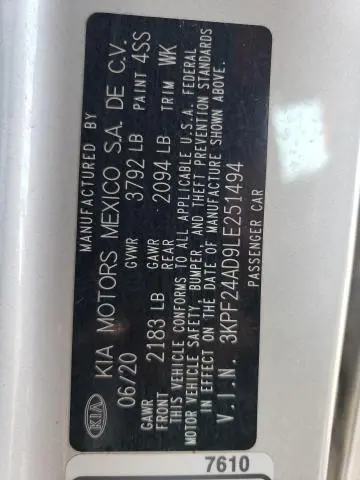 2020 KIA FORTE FE  