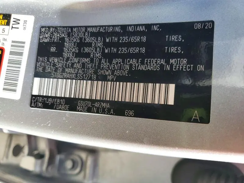 2020 TOYOTA HIGHLANDER XLE  