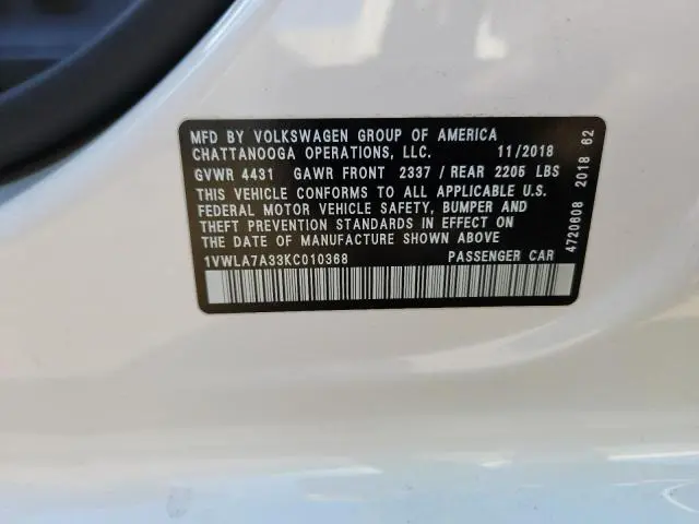 2019 VOLKSWAGEN PASSAT WOLFSBURG  