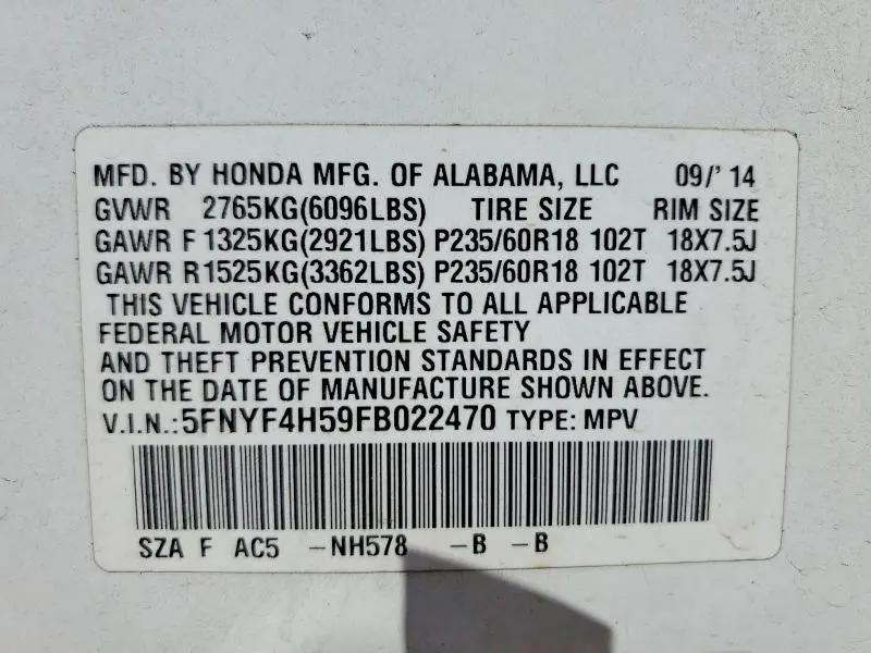 2015 HONDA PILOT EXL  