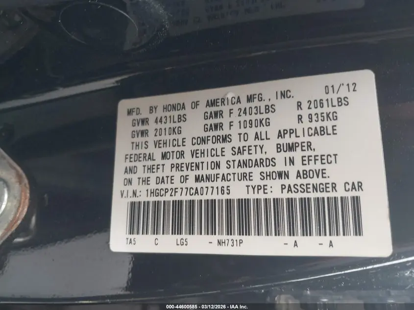 2012 HONDA ACCORD 2.4 EX