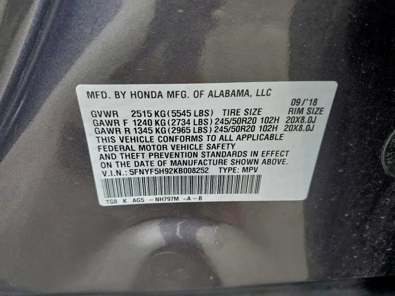 2019 HONDA PILOT TOURING  