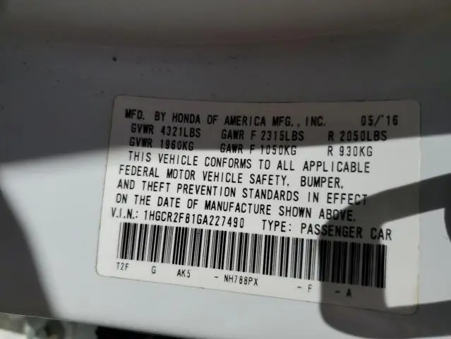 2016 HONDA ACCORD EXL