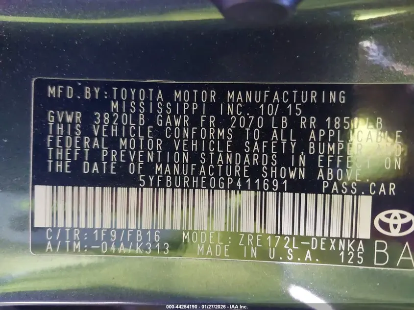 2016 TOYOTA COROLLA LE PLUS