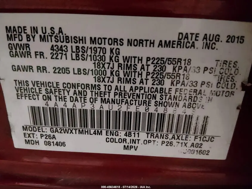 2015 MITSUBISHI OUTLANDER SPORT ES