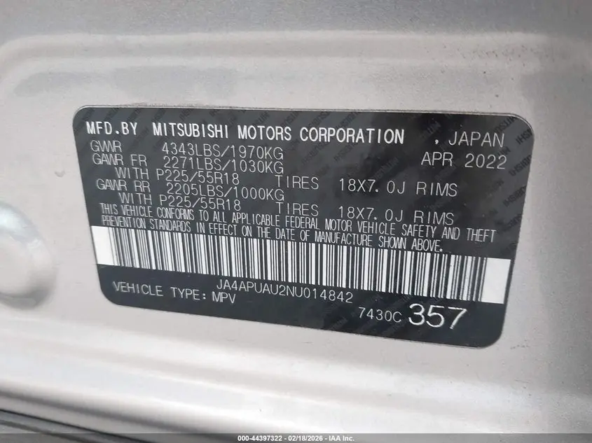 2022 MITSUBISHI OUTLANDER SPORT 2.0 BE 2WD/2.0 ES 2WD/2.0 LE 2WD/2.0 S 2WD