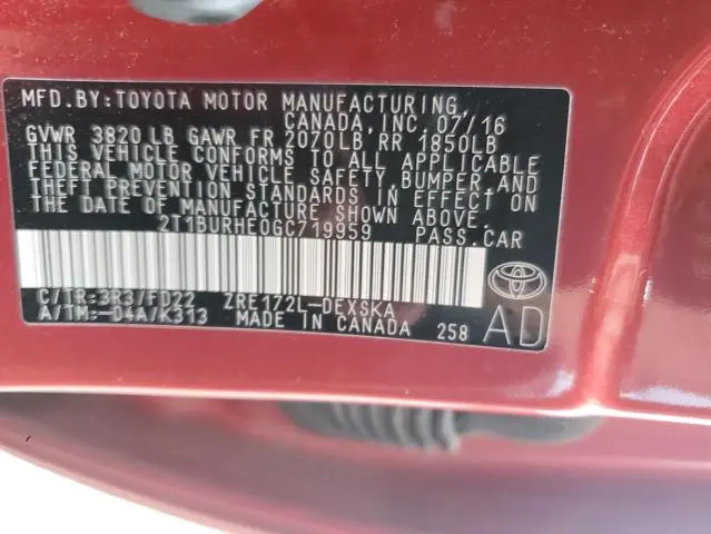 2016 TOYOTA COROLLA L  