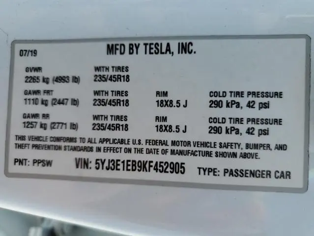 2019 TESLA MODEL 3   
