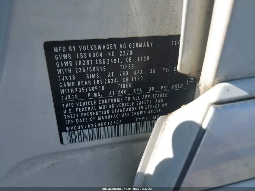 2017 VOLKSWAGEN TIGUAN 2.0T SPORT