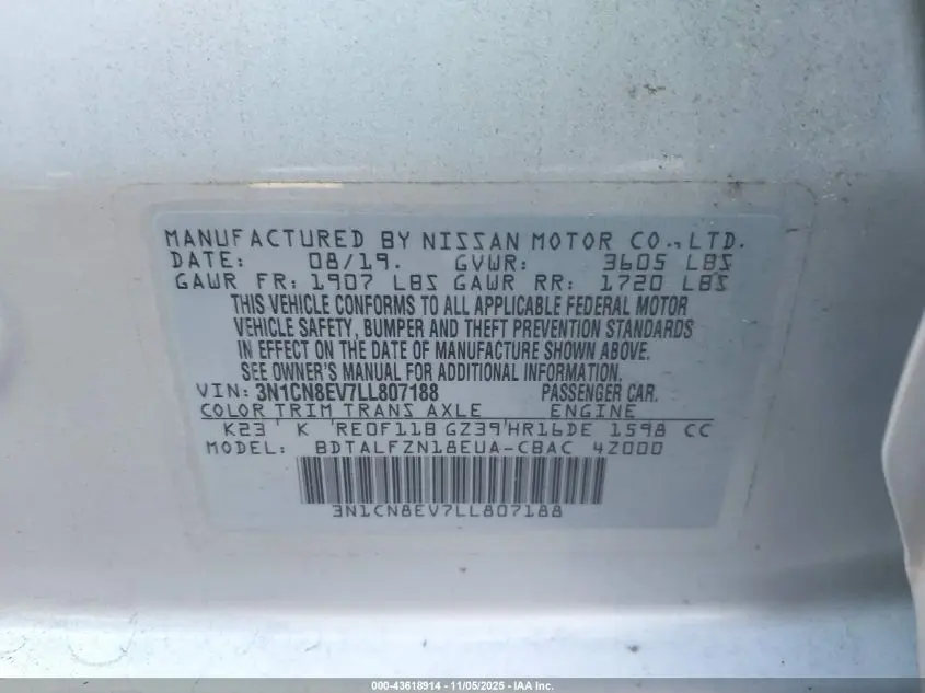 2020 NISSAN VERSA SV XTRONIC CVT