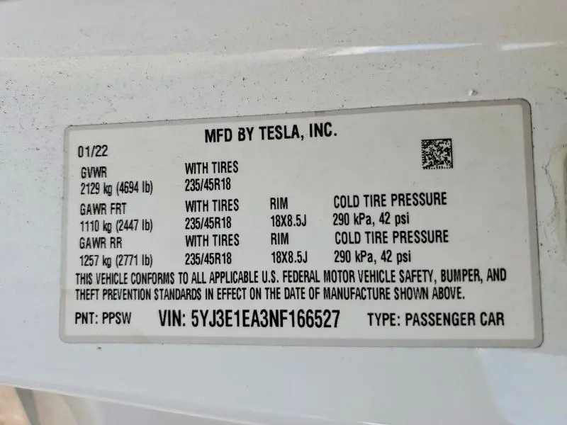2022 TESLA MODEL 3   