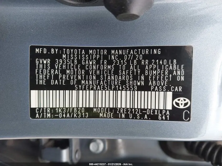 2020 TOYOTA COROLLA LE