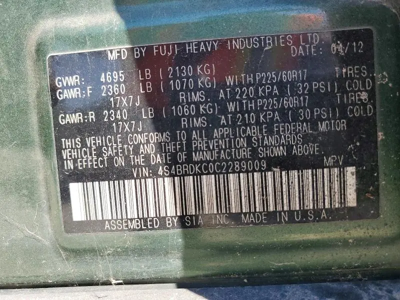 2012 SUBARU OUTBACK 3.6R LIMITED  