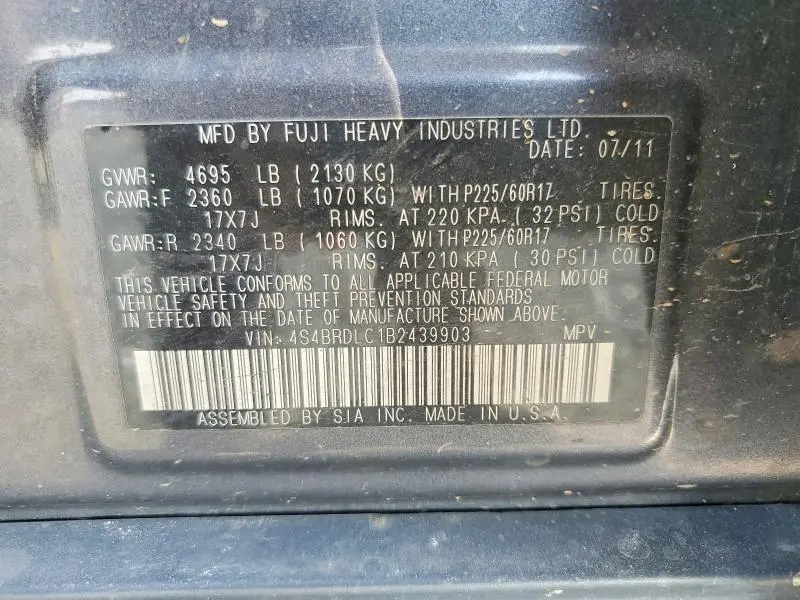 2011 SUBARU OUTBACK 3.6R LIMITED  