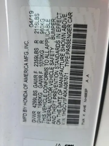 2019 HONDA ACCORD EX  