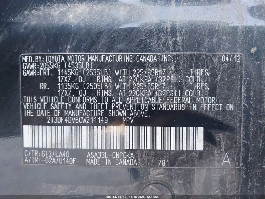 2012 TOYOTA RAV4 LIMITED