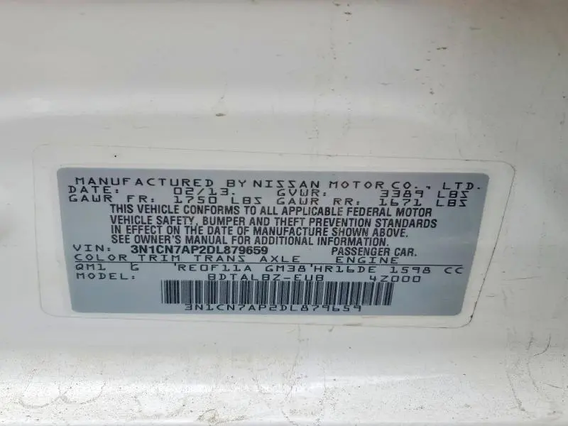 2013 NISSAN VERSA 1.6 S  