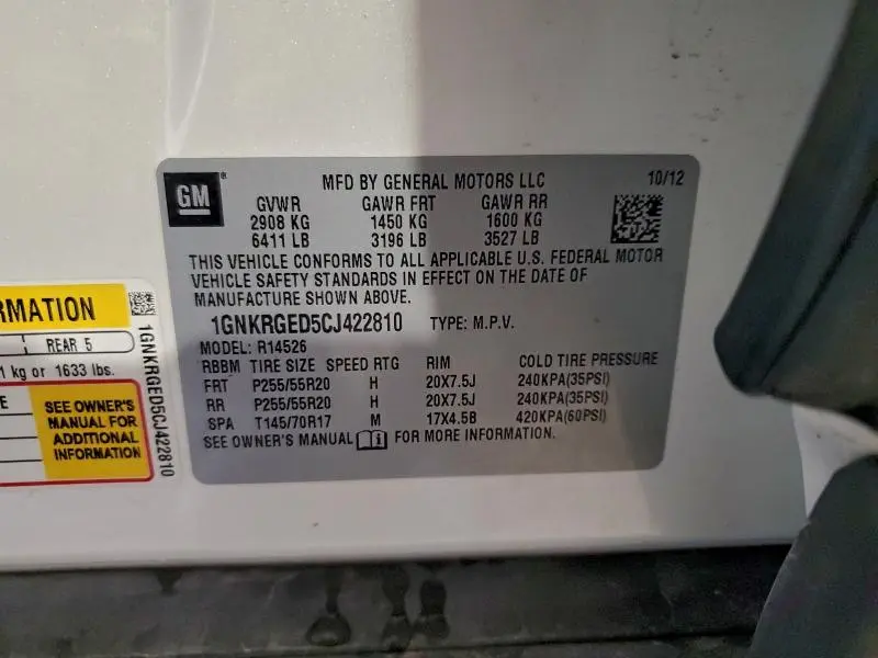 2012 CHEVROLET TRAVERSE LT  