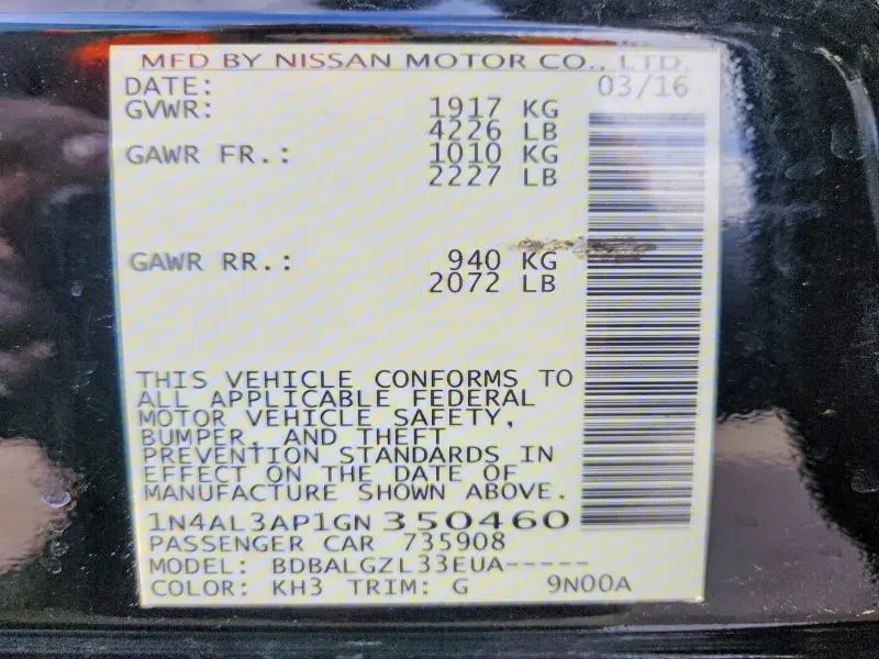 2016 NISSAN ALTIMA 2.5 S  