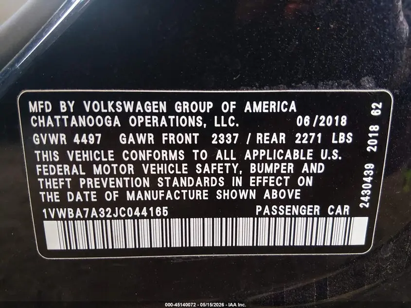 2018 VOLKSWAGEN PASSAT 2.0T SE
