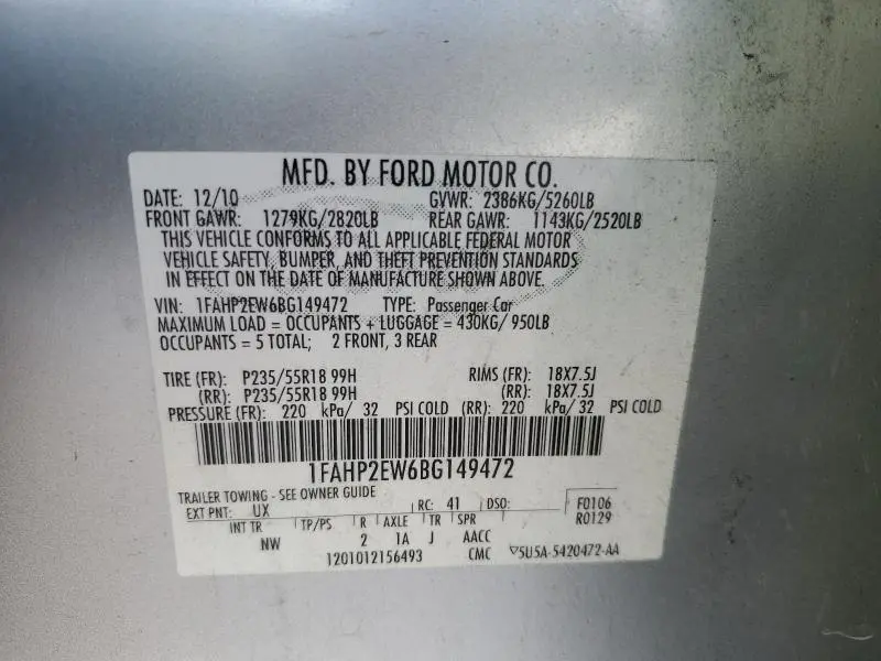 2011 FORD TAURUS SEL  