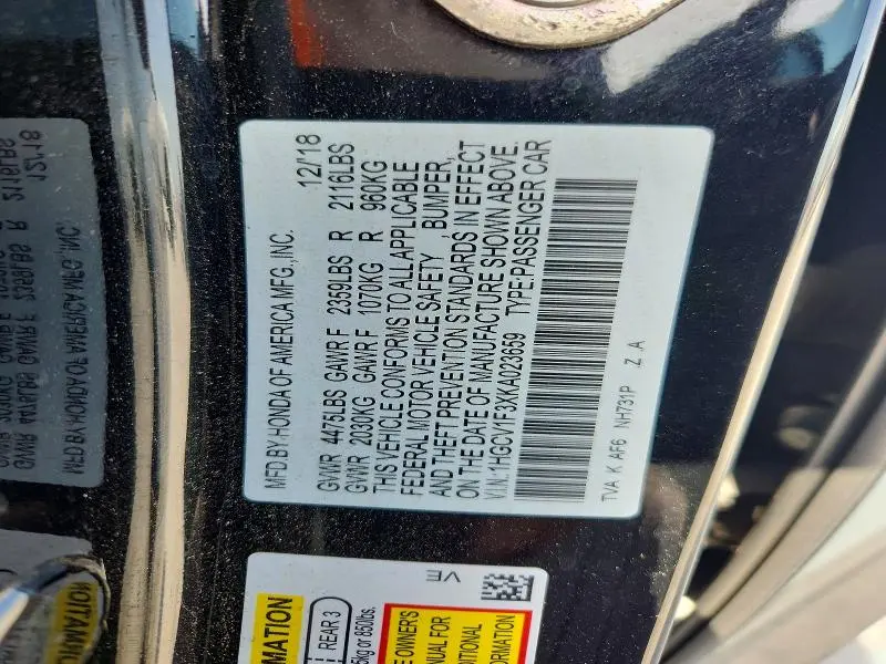 2019 HONDA ACCORD SPORT  