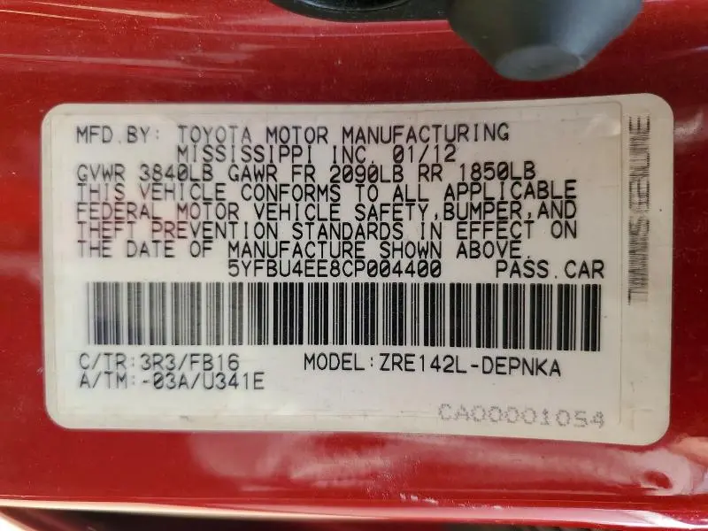 2012 TOYOTA COROLLA LE  