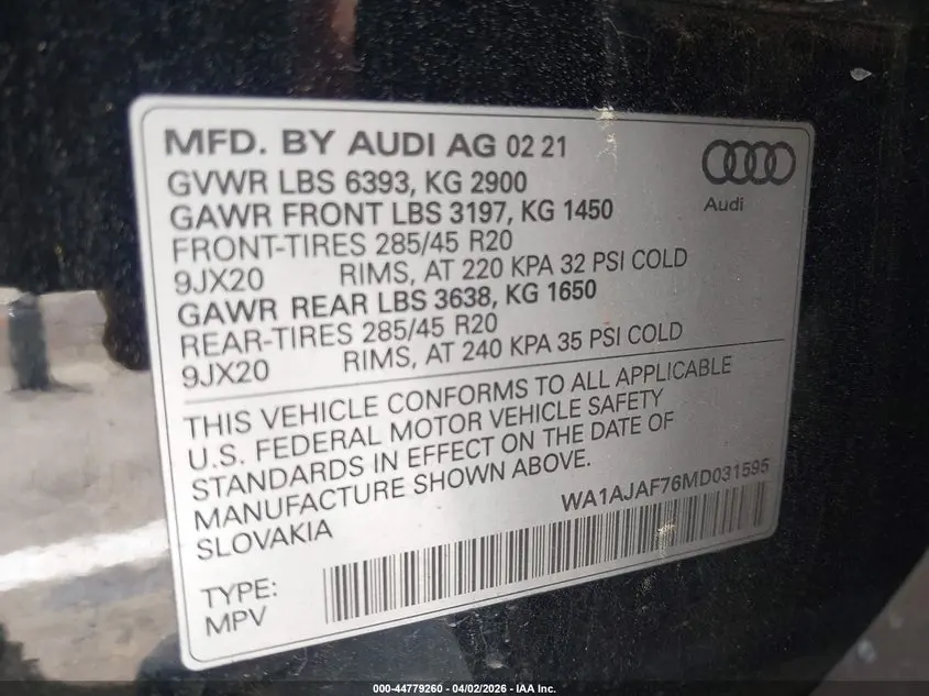 2021 AUDI Q7 PREMIUM 45 TFSI QUATTRO TIPTRONIC