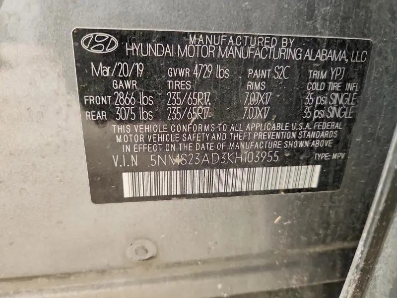 2019 HYUNDAI SANTA FE SE 2.4L  
