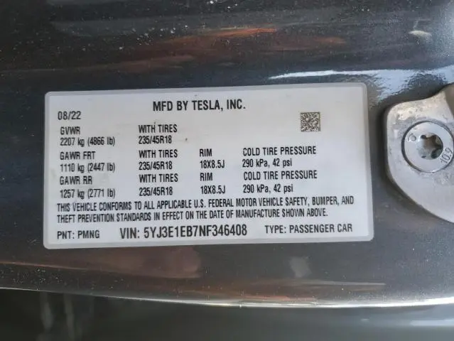 2022 TESLA MODEL 3   