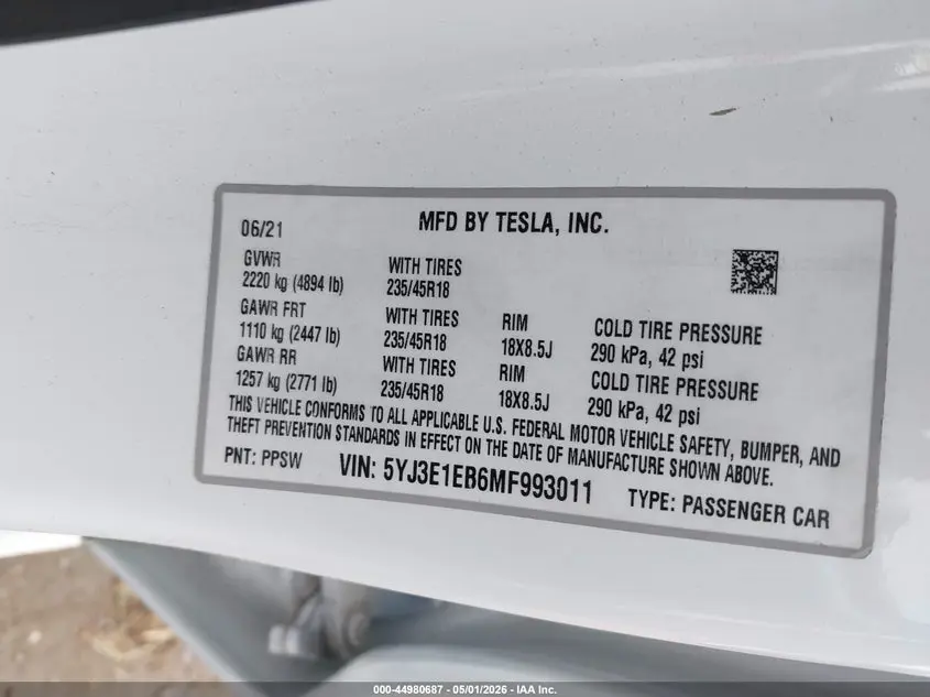 2021 TESLA MODEL 3 LONG RANGE DUAL MOTOR ALL-WHEEL DRIVE
