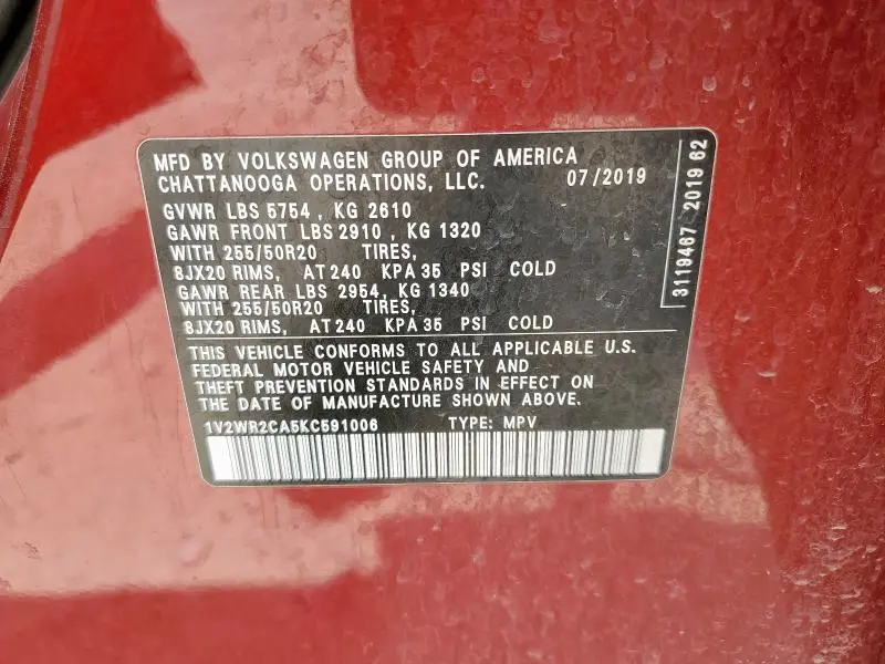 2019 VOLKSWAGEN ATLAS SE  